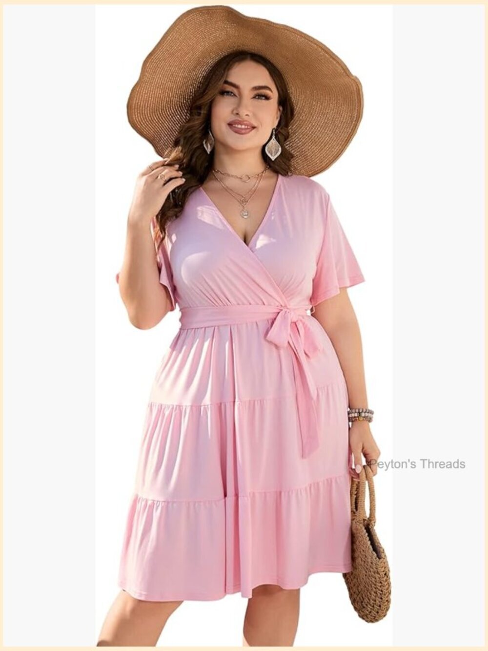 Plus Size V Neck Wrap Dress with Belt Midi Length Short Sleeves